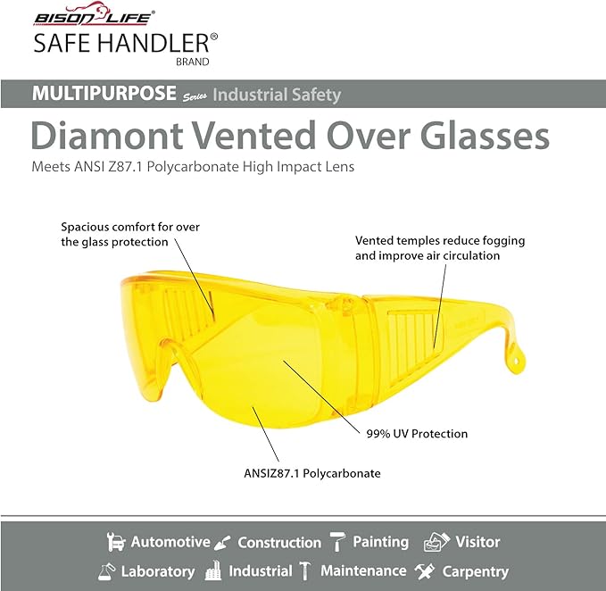 BISON LIFE Diamont Vented Over Glasses Safety Glasses | Meets ANSI Z87.1, Impact Resistant Polycarbonate Lens