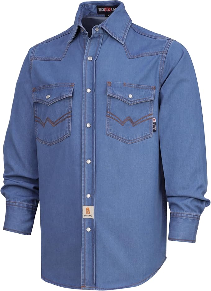BOCOMAL FR Shirts Washed Denim EX Soft Midweight Smooth Fit Pearl Snaps Down Durable Flame Resistant Work Clothing