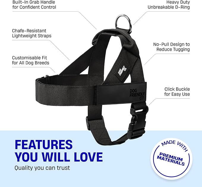 DF Co. Dog Harness | Chafe Resistant Webbing, Adjustable Neck & Chest, and Heavy Duty D-Ring | Sturdy, Comfortable, Easy to Use | Black, Size XXS