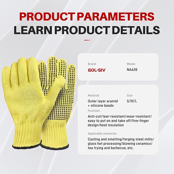 Heat Cut Resistant Gloves,Aramid leather Oven Gloves with Fingers,Heat Resistant Up to 450°F, Thick Knit Grill Mitts (silicone beads, Medium)