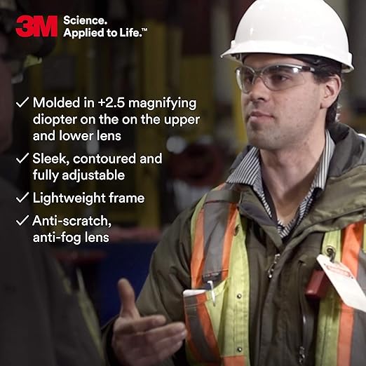 3M Safety Glasses, BX Dual Readers, +2.5, ANSI Z87, Anti-Fog Clear Lens, Silver/Black Frame, Adjustable Length Temples and Lens Angle