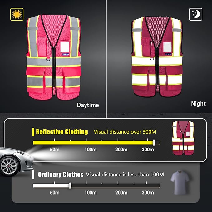 AYKRM 11 color High Vis Reflective Safety Vest for Women Men Security Pocket Zipper