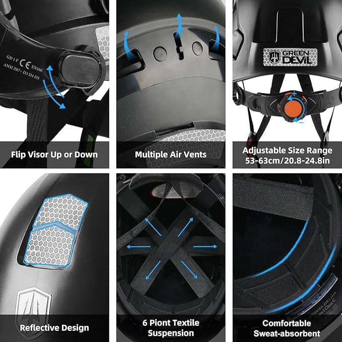 GREEN DEVIL Hard Hat Safety Helmet with Visor Bluetooth Ear Muffs and Headlamp 5 in 1 Full Protection Vented Work Hardhat ANSI Z89.1 Cascos De Construccion for Industrial Construction Forestry