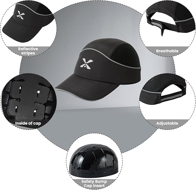 TIHEEN Unisex Safety Bump Cap, Baseball Hat Style with Reflective Stripes Lightweight and Breathable Hard Hat Head Protection Cap