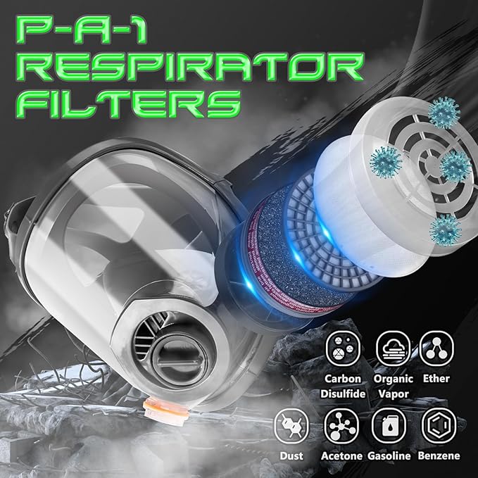 HANUU Gas Masks Survival Nuclear and Chemical, Gas Mask with 40mm Activated Carbon Filter and P-A-1 Filters, Tactical Full Face Respirator Mask for Gases Vapor Chemicals Spray Paint Resin Dust