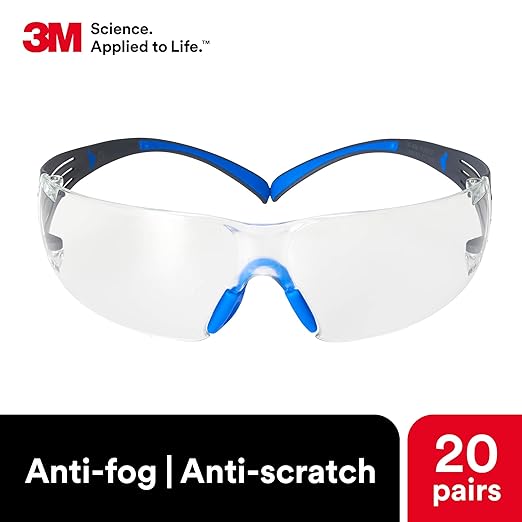3M Safety Glasses for Men and Women, SecureFit 400, 20 Pack, ANSI Z87, Scotchgard Anti-Fog Anti-Scratch, Clear Lens, Blue/Gray Frame, Flexible Temples, UV Protection, Polycarbonate Lens