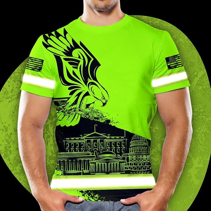 Matedecor Skull High Visibility Shirt Men Reflective Safety Shirts US Flag Custom Name Workwear, Runners, Walkers, Patriotic