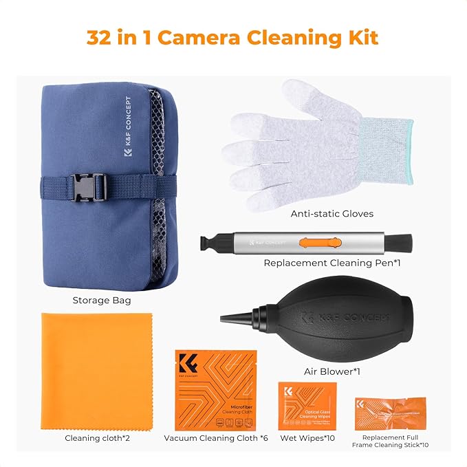 K&F Concept 32-in-1 Camera Lens Cleaning Kit for DSLR Camera Lens Filter with Cleaning Pen+Air Blower+Cleaning Cloth*2+Full-Frame Swab*10+Cleaning Wipes*10+Vacuum Cleaning Cloth*6+Anti-Static Gloves