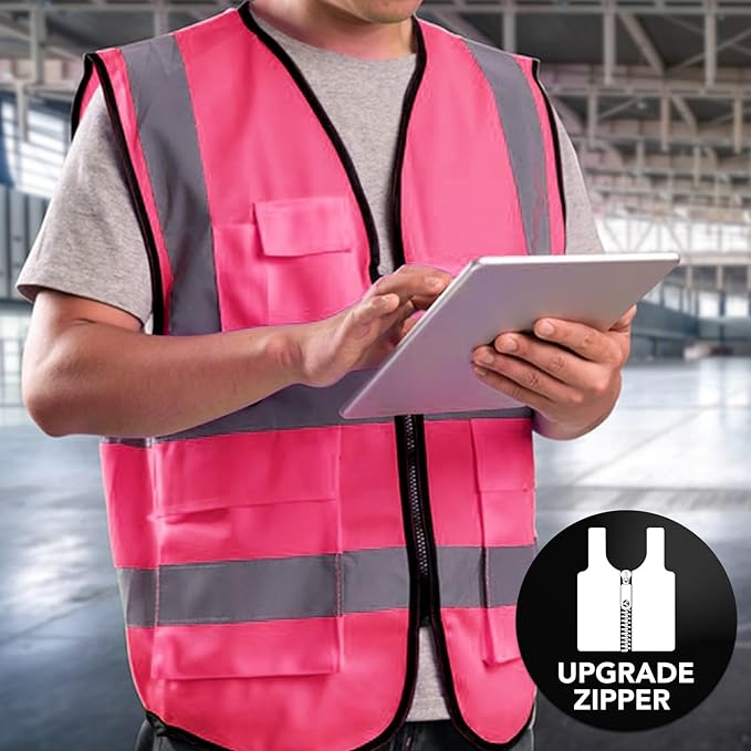 XPCARE 2 Pcs Pink Safety Vests for Women Construction Vest Hi Vis Reflective Safety Vest with Pockets High Reflective Strips Zipper Work Vest for Men and Women (Large)