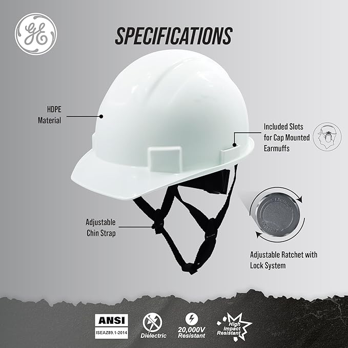 GE Cap Style Hard Hat, 4-Point Ratchet Suspension, Earmuff Slots, High Impact Resistant, Sweat-Wicking Sweatband, Meets ANSI Z89.1-2014, Comfortable, Durable, and Protective - White, Non-Vented