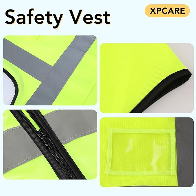 XPCARE 10-Pack Hi Vis Reflective Safety Vest with Pockets, Green High Reflective Strips Zipper Work Vest for Men and Women(X-Large)