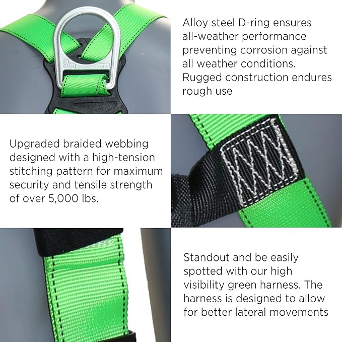 AFP Universal Full-Body Safety Harness w/Dorsal D-Ring Tongue Buckle Legs High-Viz Green, Shock Absorbing Lanyard (OSHA/ANSI)