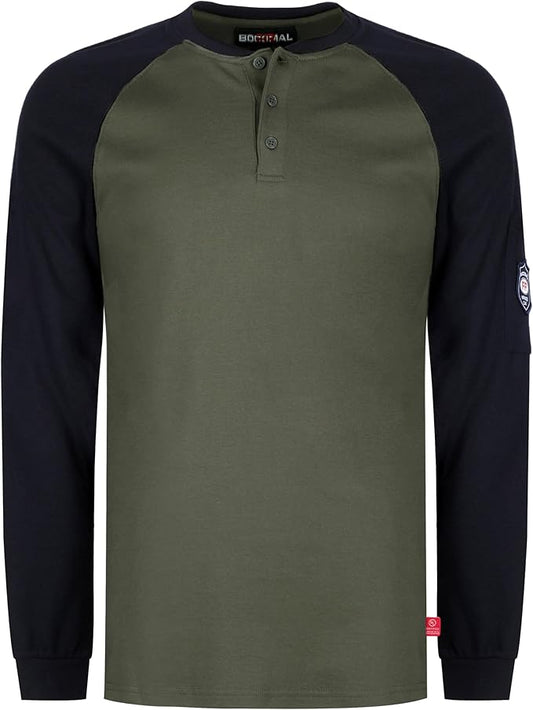 BOCOMAL FR Shirts Henley 7oz Midweight Fire Resistant Clothing NFPA2112 CAT2 Men's Flame Retardant Work Shirt