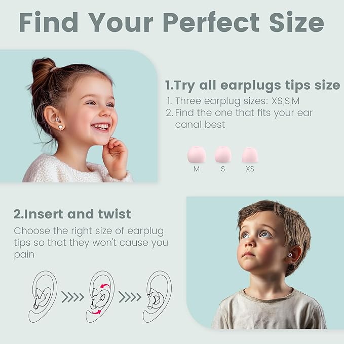 Kids Ear Plugs(6+yrs)-2 Pairs of Reusable Noise Reduction Earplugs for Small Canal With 6 Tips,Soft Silicone Earplugs for Sleeping,Focus,Travel,Socializing,Concert&Hearing Protection 25dB-30dB