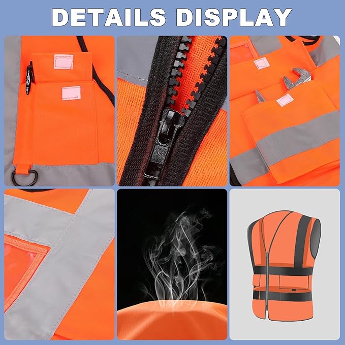 XPCARE 2-Pack Hi Vis Reflective Safety Vest with Pockets,High Reflective Strips Zipper Work Vest for Men and Women,Orange(X-Large)
