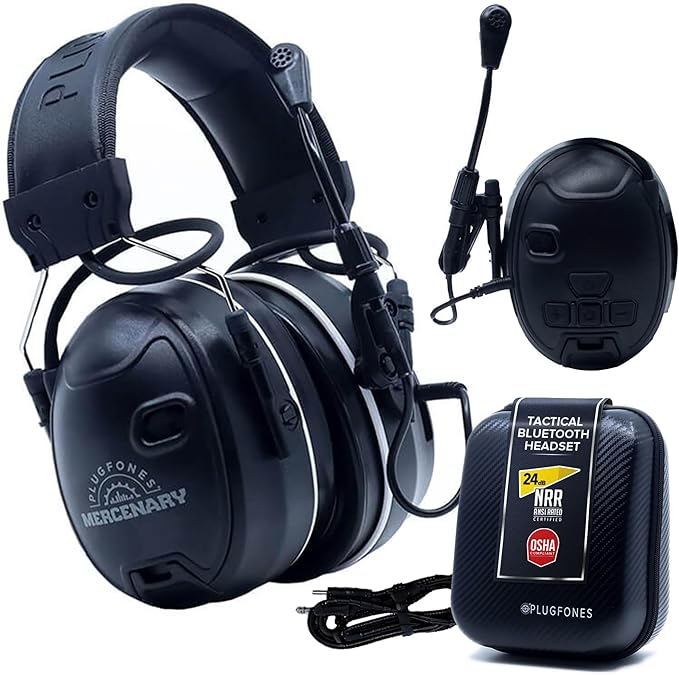 Plugfones Mercenary Tactical Bluetooth Headset – Bluetooth Earmuffs Hearing Protection - Noise Reduction 24dB, Gel Cooling Ear Pads, Boom Mic, 5-Level Ambient Sound, 60-Hr of Power & USB-C Charging