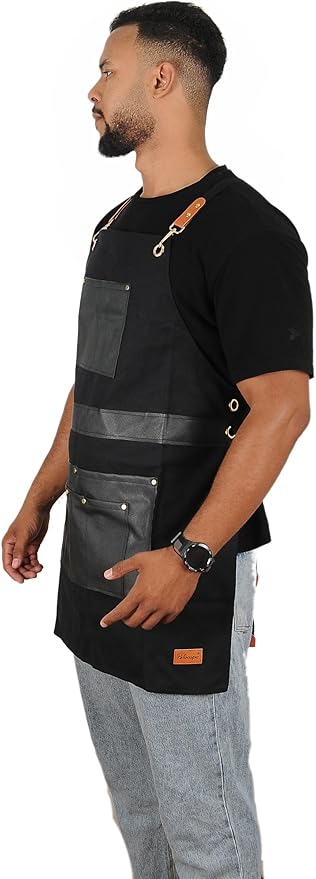 Barber Hair Stylists Working Apron Waterproof Canvas Chef Kitchen Apron with 6 Pockets