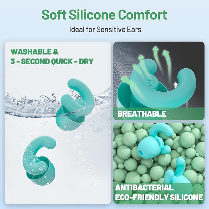 Ultra-Soft Noise Cancelling Ear Plugs, Reusable Silicone for Sleep Concerts Travel Office,33dB (NRR),Ergonomic Integrated Design Fit for Small Ear Canals Noise Sensitivity (Green, 2 Pairs)