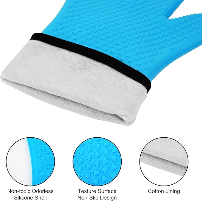 Heat Resistant Grilling Gloves for BBQ Silicone and Cotton Double-Layer Oven Mitts Waterproof Non-Slip Cooking Gloves (Blue)