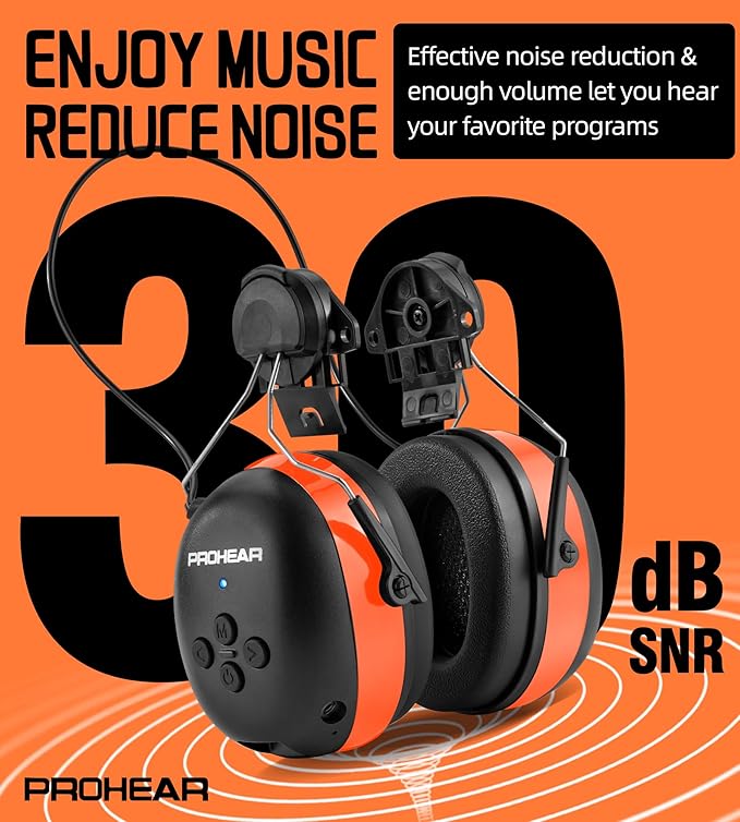 PROHEAR 037BR04 Bluetooth Hearing Protection with Adapter for 3M H-700 Hard Hats/DEWALT Hard Hat, 40H Playtime Safety Headphone for Construction Worker, Mowing - Orange