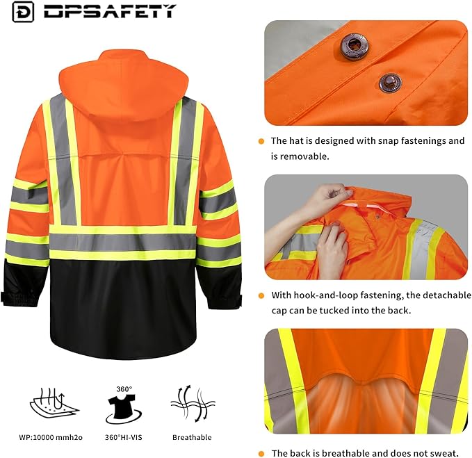 Reflective Rain jackets for men waterproof,Hi Vis Safety Coat With Reflective Strips，High Visibility Class 3 Rain jackets With 2 large pockets，Zipper,Orange,SM/MD