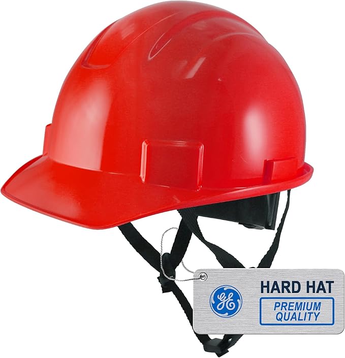 GE Cap Style Hard Hat, 4-Point Ratchet Suspension, Earmuff Slots, High Impact Resistant, Sweat-Wicking Sweatband, Meets ANSI Z89.1-2014, Comfortable, Durable, and Protective - Red, Non-Vented