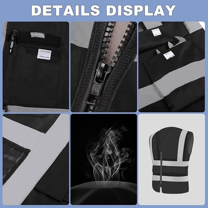 XPCARE 2-Pack Reflective Safety Vests with Pockets,Hi Viz Zipper Front Safety Vest,High Visibility Reflective Strips Working Vest-Black(Large)
