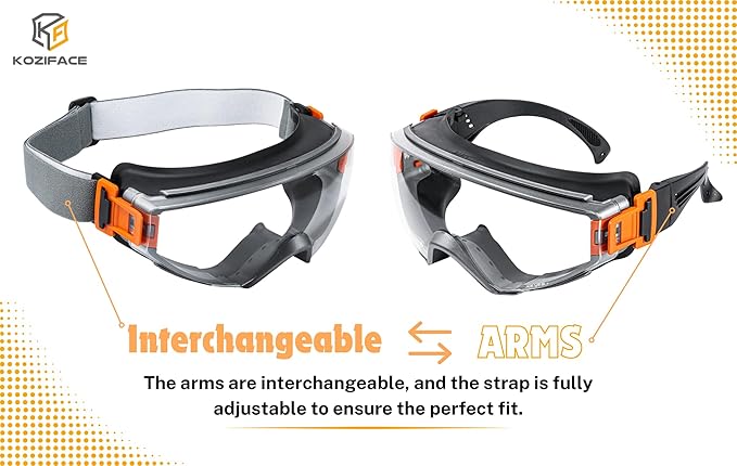 KOZIFACE S60 Safety Goggles, Anti-Fog Full-Seal Protective Eyewear with Strap & Arms, ANSI Z87.1+ Certified