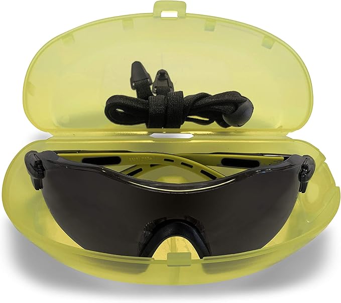 SPG801SM Safety Glasses (Smoke Lens) - ANSI Z87.1 Standards, Scratch Resistant, Wrap Around Lens, Non-Slip Grip, Adjustable Temple & Hinges, UV Protection, Protective Case & Strap Included