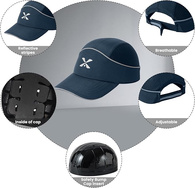 TIHEEN Unisex Safety Bump Cap, Baseball Hat Style with Reflective Stripes Lightweight and Breathable Hard Hat Head Protection Cap
