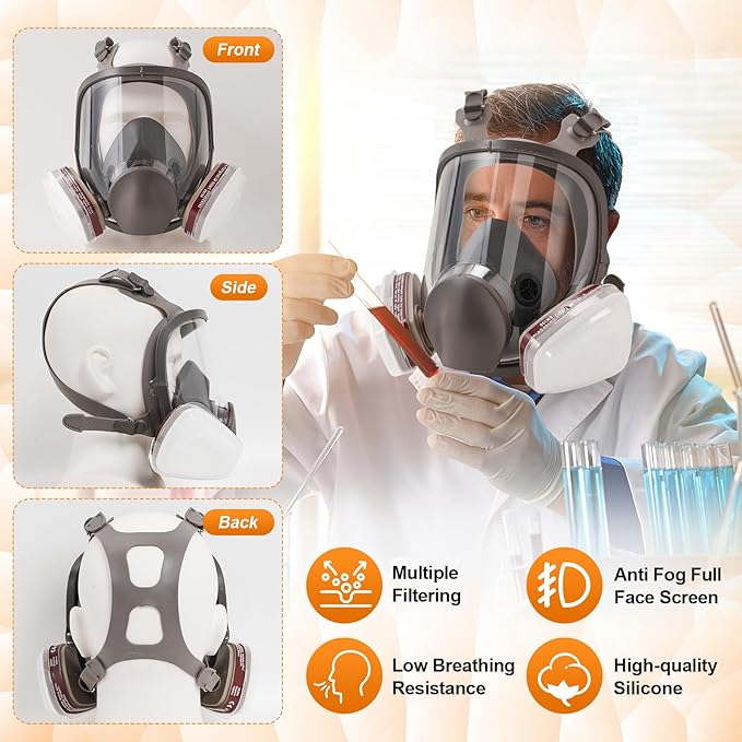 Full Face Respirator Mask,Reusable Anti-fog Full Face Cover, Organic Vapor Gas Mask with Activated Carbon Filters Against Dust Chemicals for Painting, Polishing, Welding, Sanding & Cutting