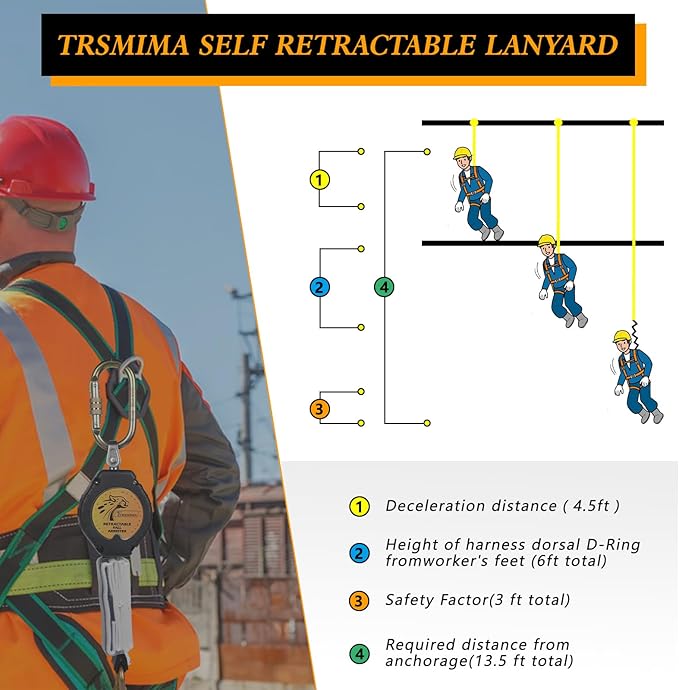 TRSMIMA Fall Protection Retractable Lanyard - 10FT Construction Self-Retracting Lanyard Fall Arrest Safety Roofing Carbineer Swivel Top Steel Snap Hook