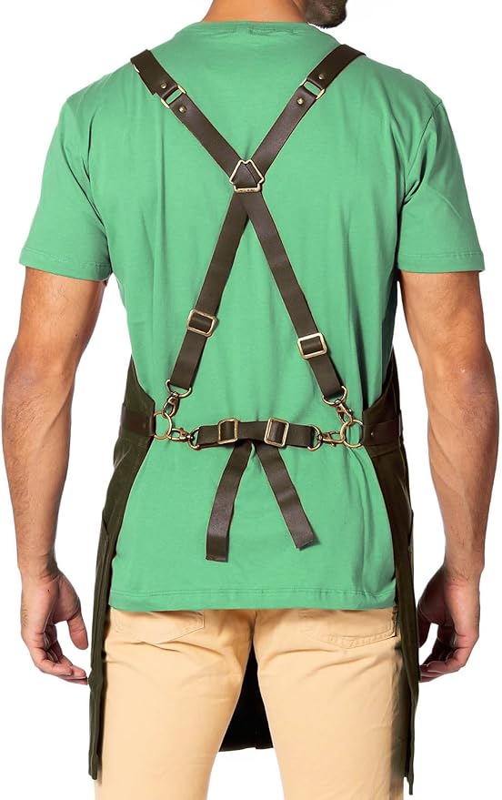 Under NY Sky Cargo Green Apron – Cross-Back with Leather Straps, Heavy-Duty Waxed Canvas and Split-Leg – Adjustable for Men and Women – Pro Woodworker, Mechanic, Blacksmith, Welder, Artist Aprons