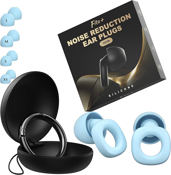 Fita+ Soft Reusable Ear Plugs for Noise Reduction up to 33dB, 4 Pairs XS/S/M/L, Soft Silicone Ear Plugs for Sleeping, Ear Plugs Noise Cancelling for Work, Focus - Blue