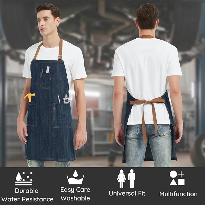 Cotton Denim Apron for Men Women, Professional Chef Apron with Large Pockets for Kitchen Cooking Gardening BBQ Hair Stylist Barista Restaurant, Heavy Duty Jean Work Apron Adjustable Size