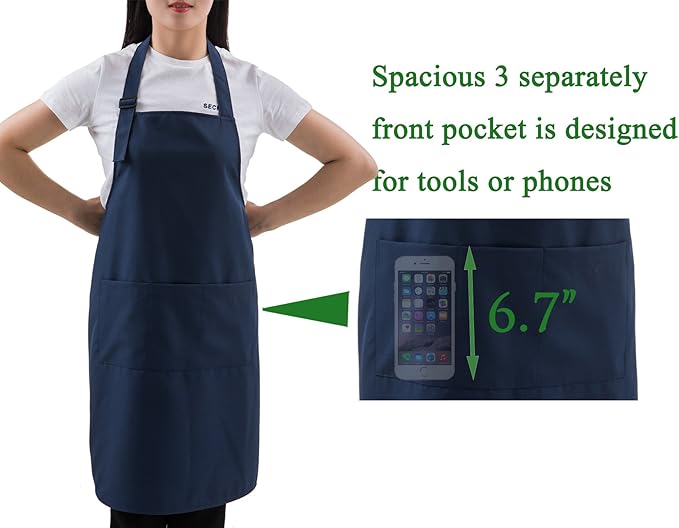 (5 set Navy Professional Resist Water Adjustable Extra Long Bib Apron 3 Pockets Home Kitchen Garden Restaurant Cafe Bar Pub Bakery for Cooking Chef Baker Servers Craft Unisex