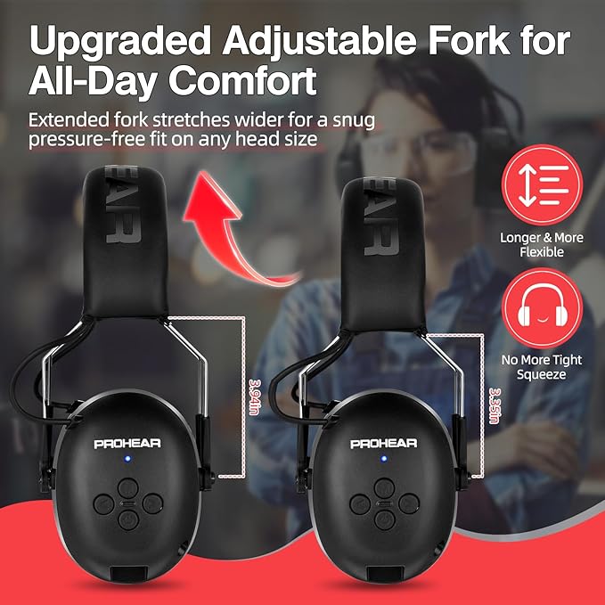 PROHEAR 037 2.0 Bluetooth 5.3 Hearing Protection Headphones, 30dB SNR Noise Reduction Safety Ear Muffs, 120H Playtime & Adjustable Headband for Mowing, Woodworking, Construction - Black