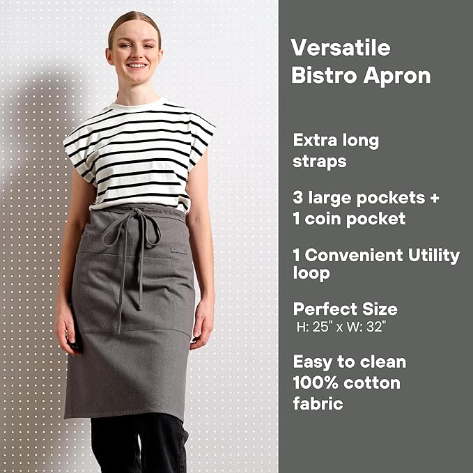 MEEMA Bistro Half Apron for Men & Women | Half Aprons for Women With Pockets | Delantales Para Meseros | Waitress Aprons | Server Apron with Pocket