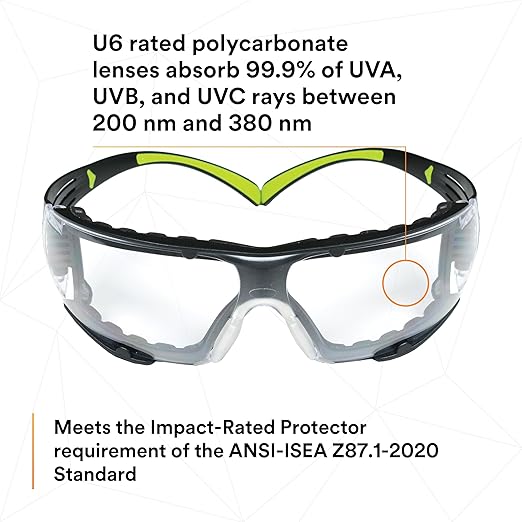 3M Safety Glasses for Men and Women, SecureFit 400, 1 Pair, Z87, Anti-Fog Anti-Scratch Clear Lens, Green/Black Frame, Polycarbonate, UV Protection, Flexible Temples, Removable Foam Gasket