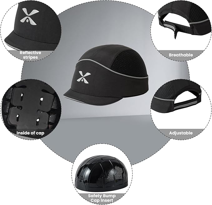 TIHEEN Unisex Safety Bump Cap, Baseball Hat Style with Reflective Stripes Lightweight and Breathable Hard Hat Head Protection Cap
