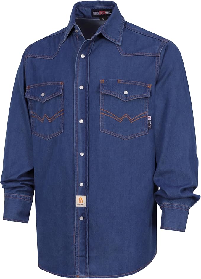 BOCOMAL FR Shirts Washed Denim EX Soft Midweight Smooth Fit Pearl Snaps Down Durable Flame Resistant Work Clothing
