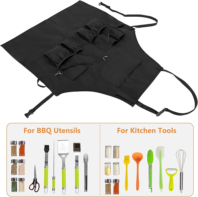 Large BBQ Grilling Apron, Cooking Apron for Men with Pockets & Slit Hem, Kitchen Apron with Adjustable Neck Strap for Men & Women, Work Apron for Chef, Barber, Painter, Carpenter, Apron Only