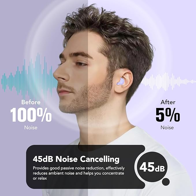 Ear Plugs for Sleeping Noise Cancelling, 45dB for Noise Reduction, Noise-Reducing Earplugs for Sleeping, Concerts, Shooting, Travel, Work, Silicone Hearing Protection Earplugs with Case, Purple