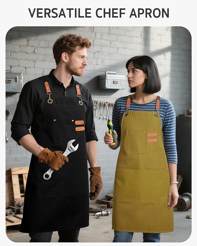 Syntus Chef Apron for Men Women with Pockets, Cotton Canvas Adjustable Work Apron Heavy Duty