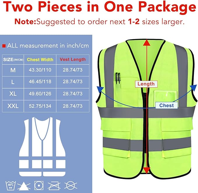 XPCARE 2-Pack Reflective Safety Vest For Women Men, Green High Visibility Security Vest- Pockets and Zipper Front - Neon Green Color(X-Large)
