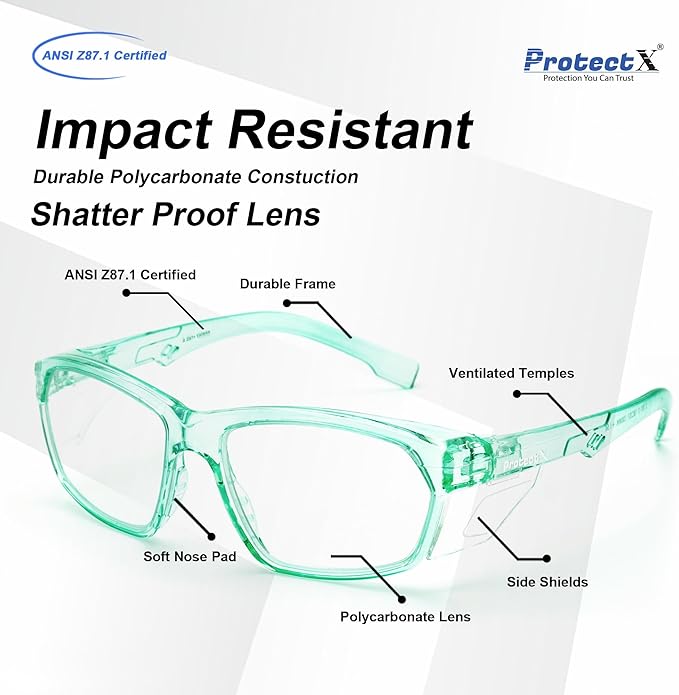 ProtectX Stylish Anti-Fog & Scratch-Resistant Safety Glasses, UV Protection Goggles, Anti-Impact Lightweight Glasses for Men＆Women Jade Clear - 2 Pack