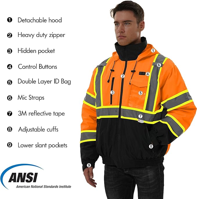 SKSAFETY Heated Safety Bomber Jacket, Class 3 Hi-Vis Waterproof Coat, 3M Reflective Tape, Work Construction Coats