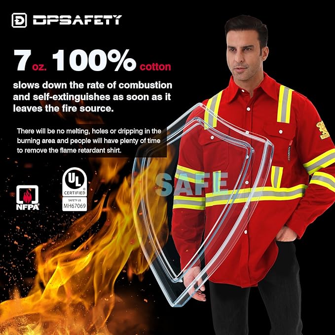 FR Shirts for Men 7oz High Visibility Fire Resistant Shirts NFPA CAT2 Welding Shirt 100% Cotton Hi Vis Flame Resistant Shirt Red(2X-Large)