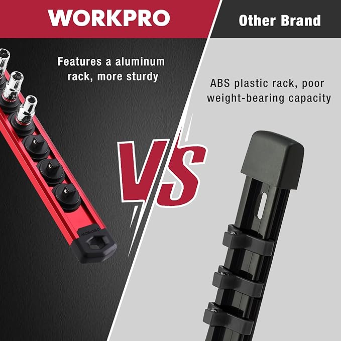 WORKPRO Magnetic Socket Organizer, 1/4-Inch Drive Aluminum Alloy Socket Rail, Heavy Duty Socket Holder, Socket Rack Kit 1/4-Inch x 12 Clips (Red)