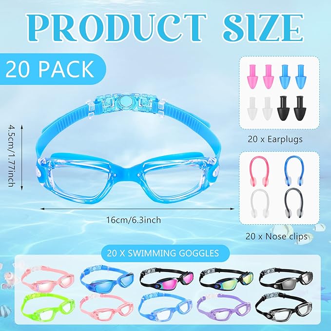 Xuhal 20 Pack Swimming Goggles Bulk Adult Anti Fog UV Protection No Leaking Wide View Goggles for Women Men Youth Multicolor